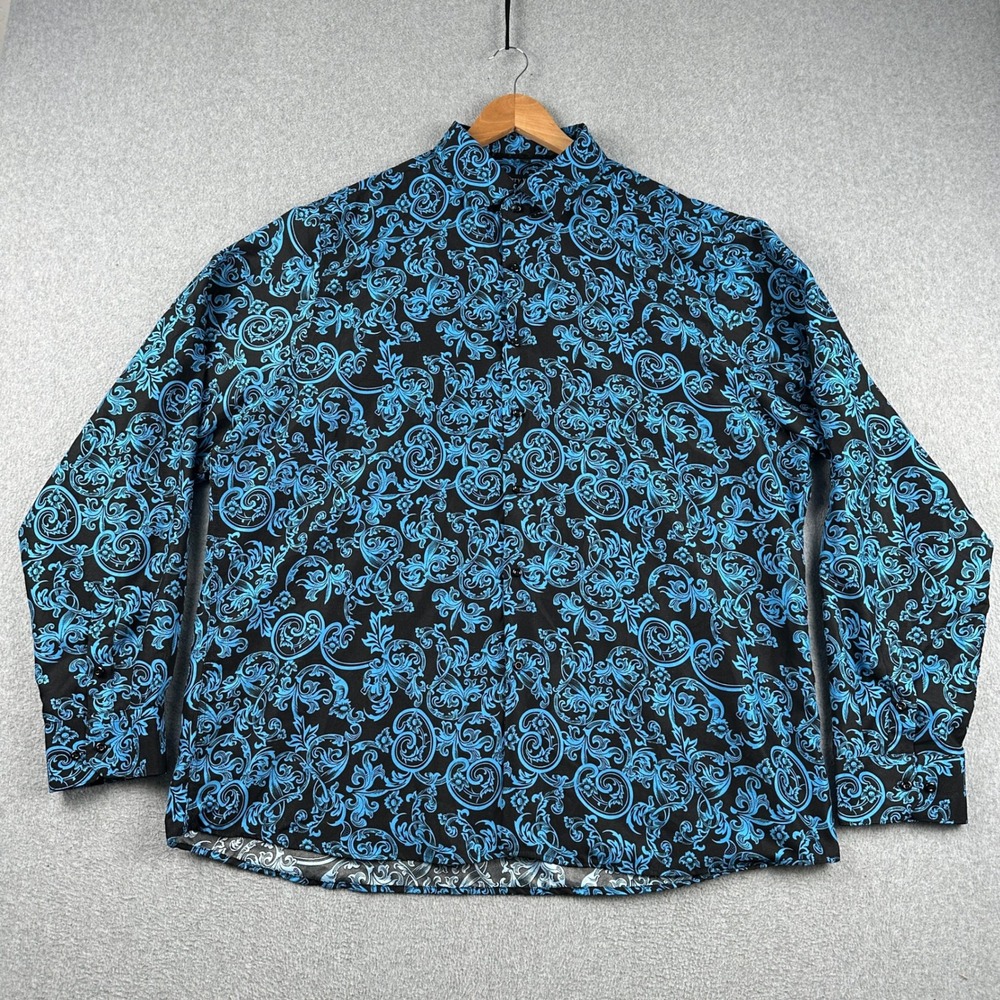 Barry Wang Shirt Mens 3XL Blue Black Paisley Scroll Long Sleeve Button Down